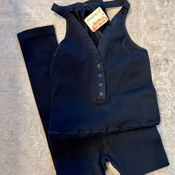 NWT FP Movement by Free People Happiness Runs Henley Onesie - Black Ribbed - Picture 3 of 10